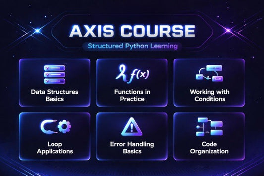 Axis Course Structured Python Learning with icons and text on a dark background