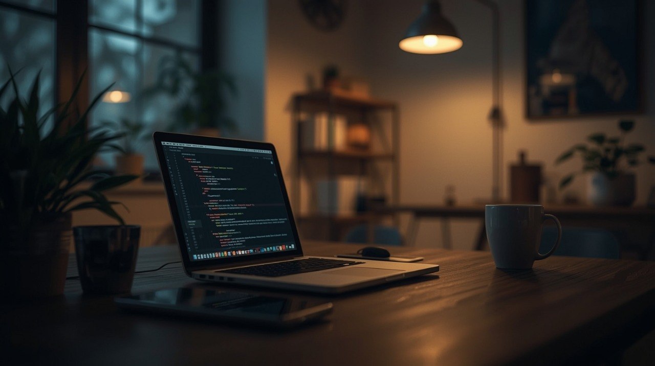 Laptop on a desk with code on screen in a dimly lit room