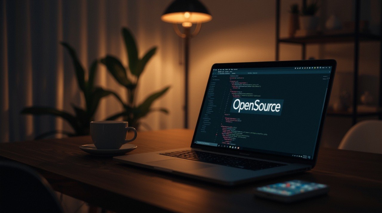 Laptop on a desk with 'OpenSource' on screen, surrounded by plants and a lamp in a dimly lit room.