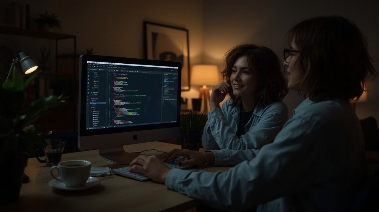 Two people working together at a computer in a dimly lit room.