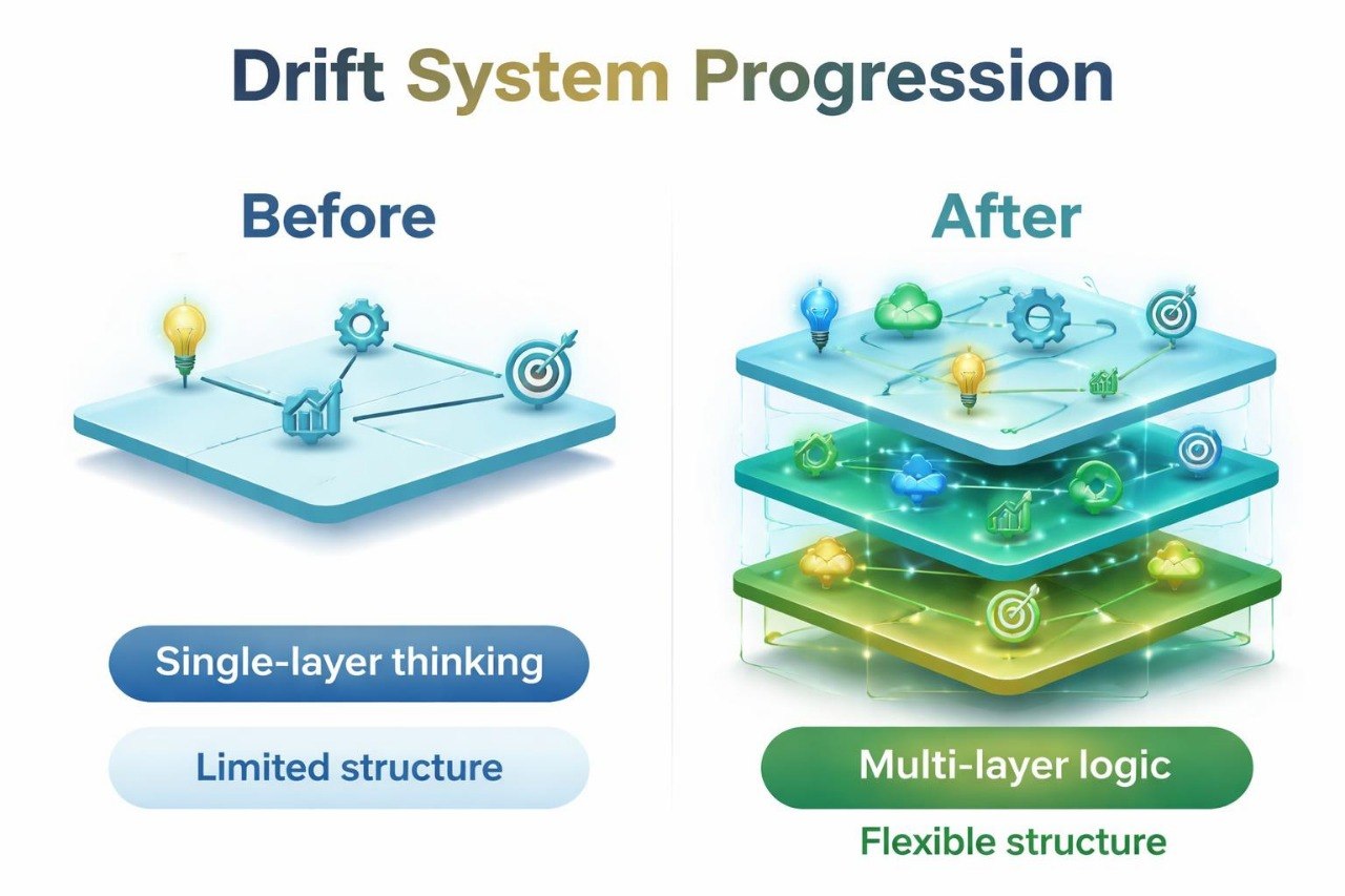 Diagram showing 'Before' and 'After' of a Drift System Progression with single-layer thinking and multi-layer logic.