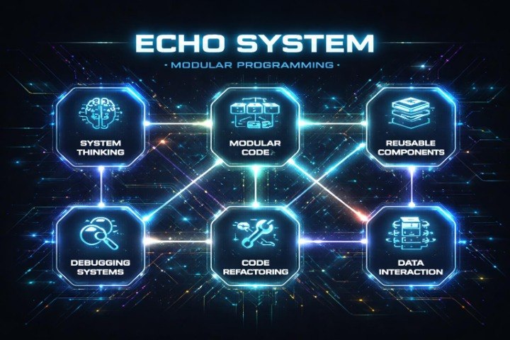 Diagram of the Echo System modular programming with interconnected components on a dark background.