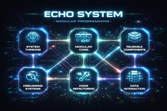Diagram of the Echo System modular programming with interconnected components on a dark background.