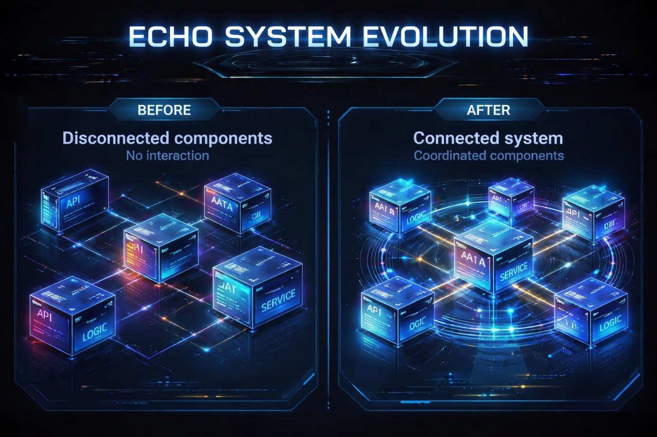 Diagram showing the evolution of an 'Echo System' from disconnected components to a connected system.