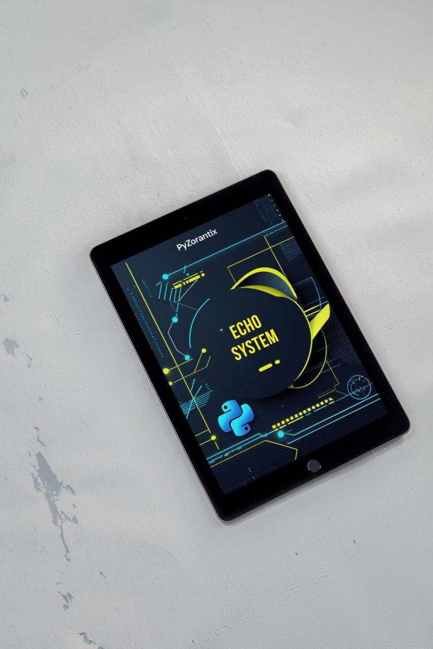 Tablet displaying a PyZoranta Echo System interface on a light gray surface