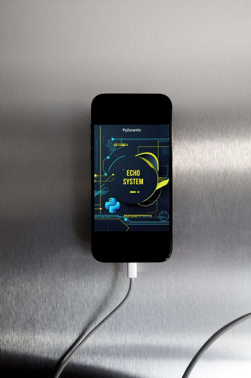 Phone with 'Echo System' app displayed on a metallic surface