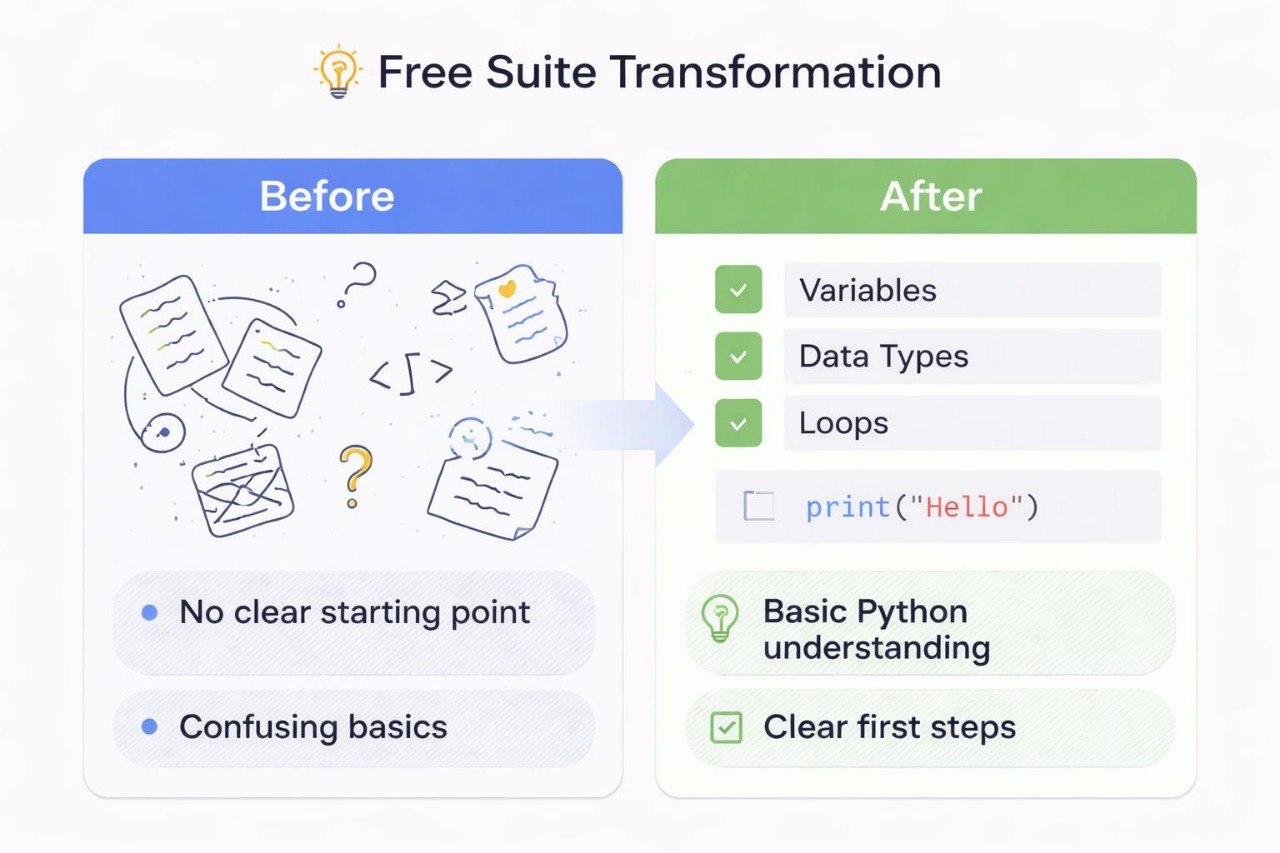 Free Suite Transformation graphic showing 'Before' and 'After' improvements with Python code examples.