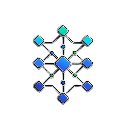 Geometric snowflake design with blue and green shapes on a white background