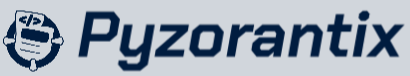 Pyzorantix logo with a stylized face icon on a blue background