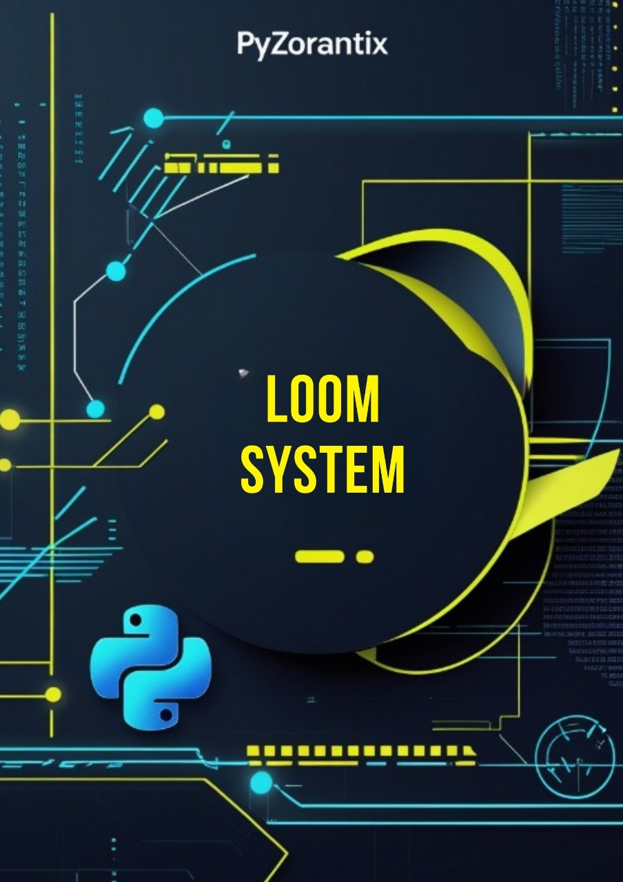 Promotional graphic for PyZorantix Loom System with technical design elements on a dark background.
