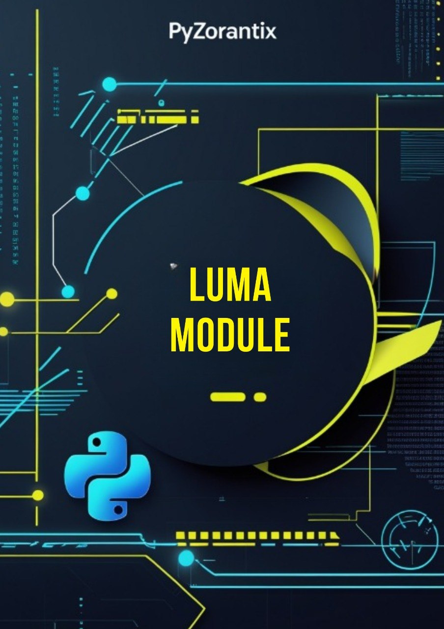 Promotional graphic for PyZorantix Luma Module with technical design elements on a dark background.