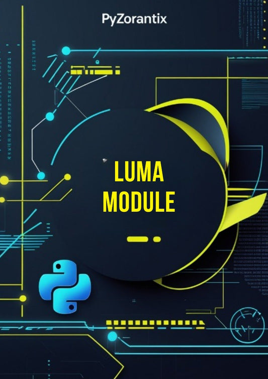 Promotional graphic for PyZorantix Luma Module with technical design elements on a dark background.