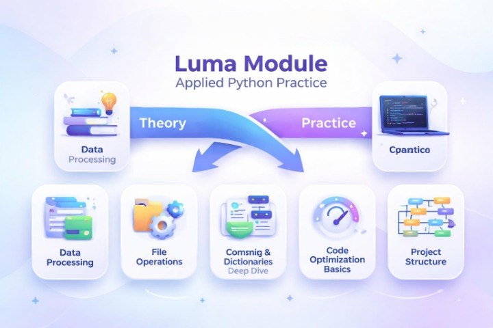 Luma Module Applied Python Practice diagram with icons and text on a gradient background