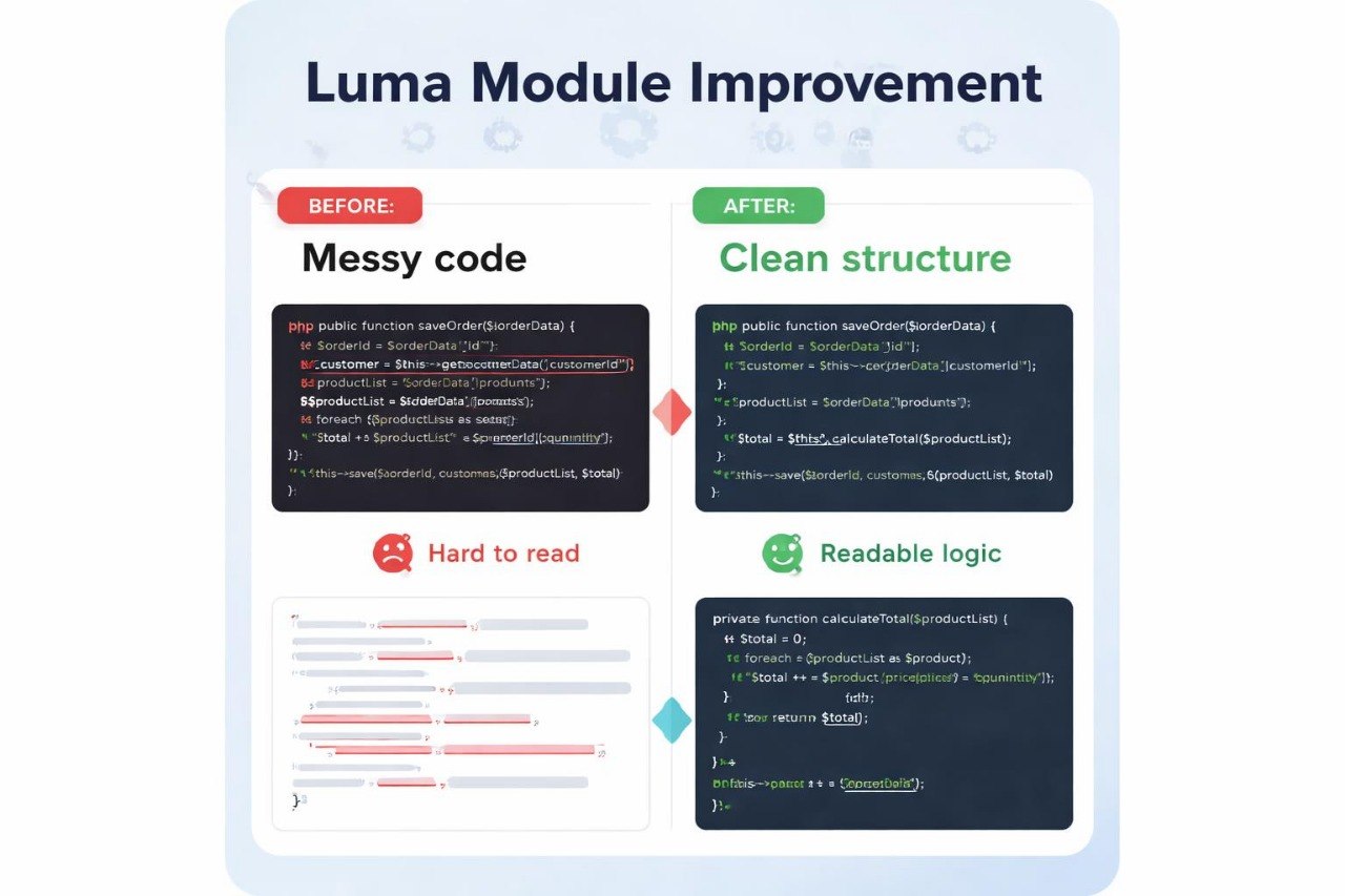 Comparison of messy code to clean structure with Luma Module Improvement text.