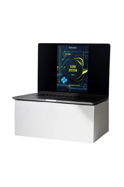 Laptop on a white stand with a screen displaying software interface