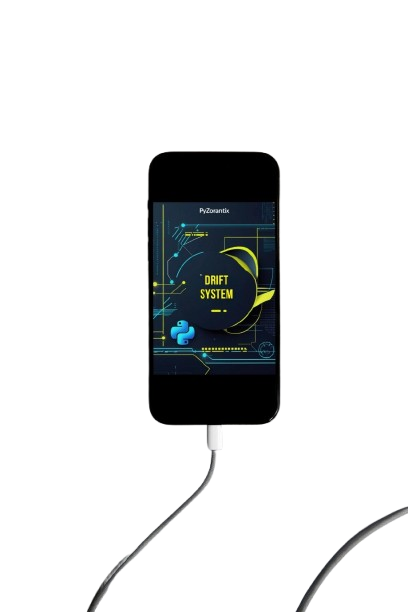 Phone with a 'Drift System' app displayed on a white background