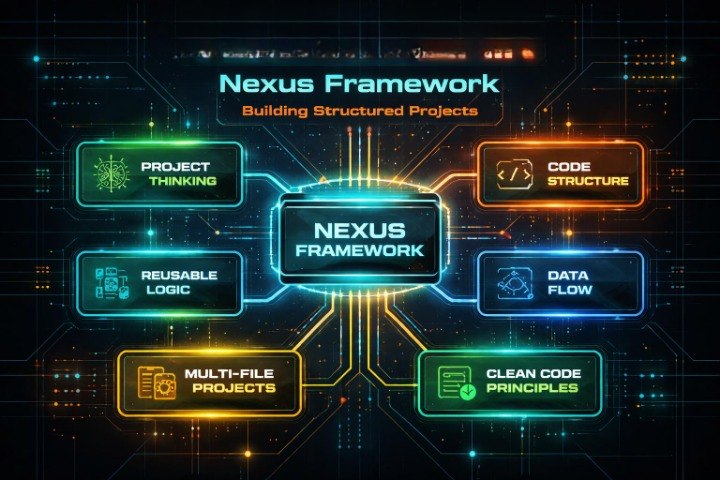 Nexus Framework diagram with key features on a dark background