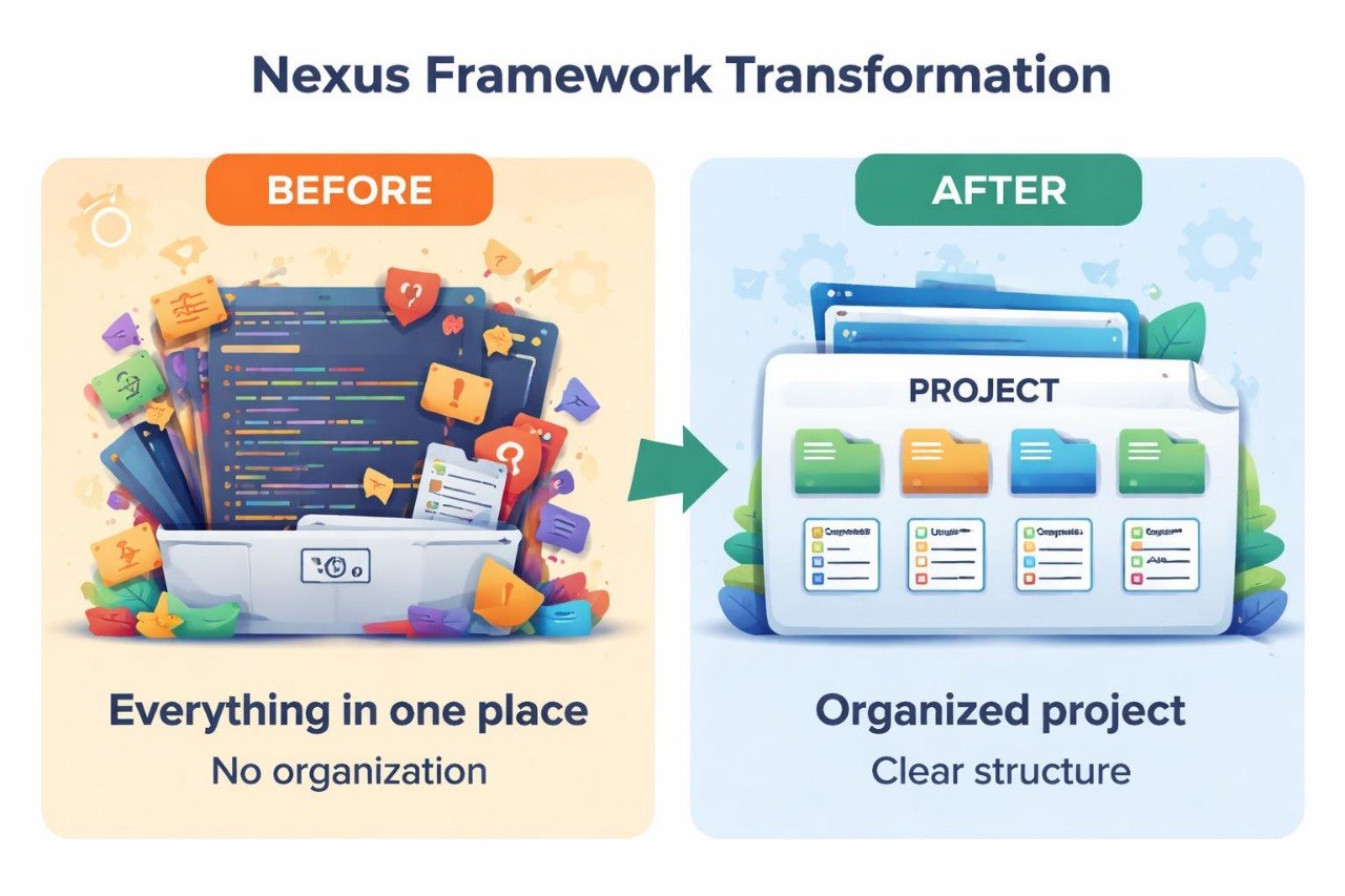 Comparison of 'Before' and 'After' project organization using the Nexus Framework Transformation.