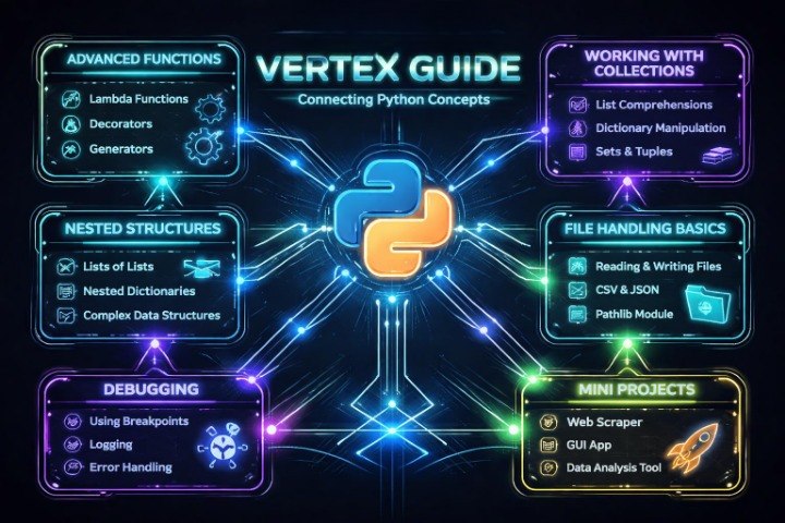 Vertex Guide Python concepts diagram with Python logo and text on a dark background
